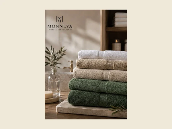 Stacked hotel bath towels in white sage and sand — premium Turkish terry with MONNEVA branding