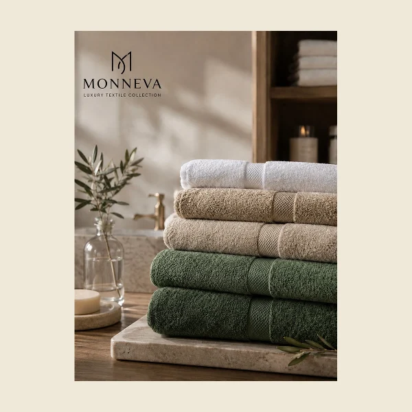 Stacked hotel bath towels in white sage and sand — premium Turkish terry with MONNEVA branding