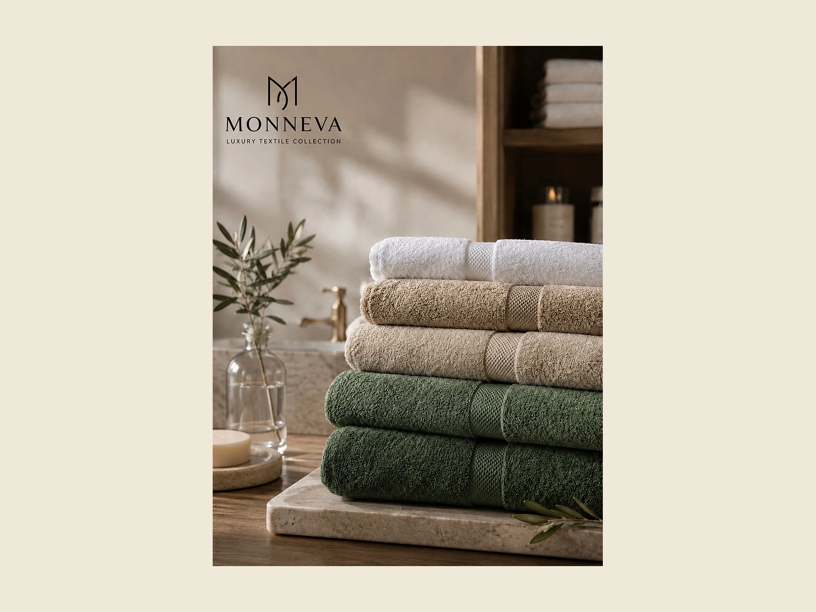 hotel-bath-towels Stacked hotel bath towels in white sage and sand — premium Turkish terry with MONNEVA branding