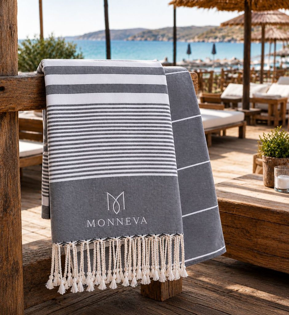 Turkish peshtemals and beach towels on a sun lounger at a coastal resort