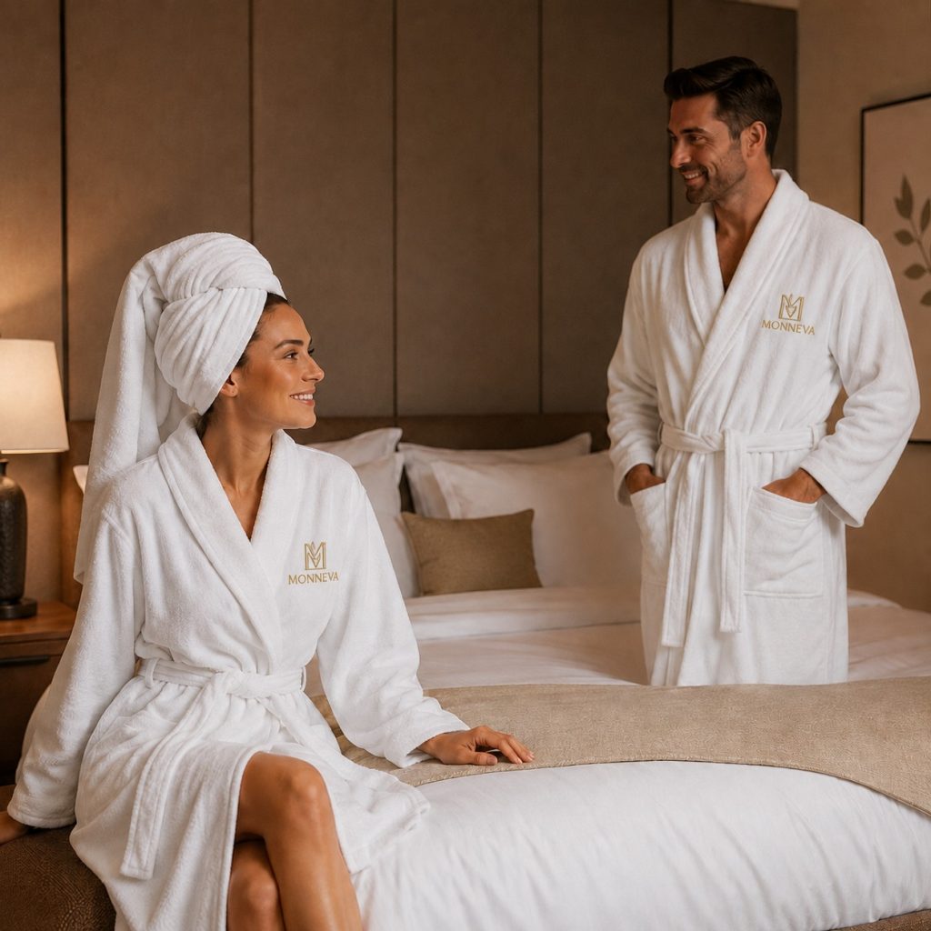 Stacked white hotel towels with a folded bathrobe and slippers in a luxury guest bathroom