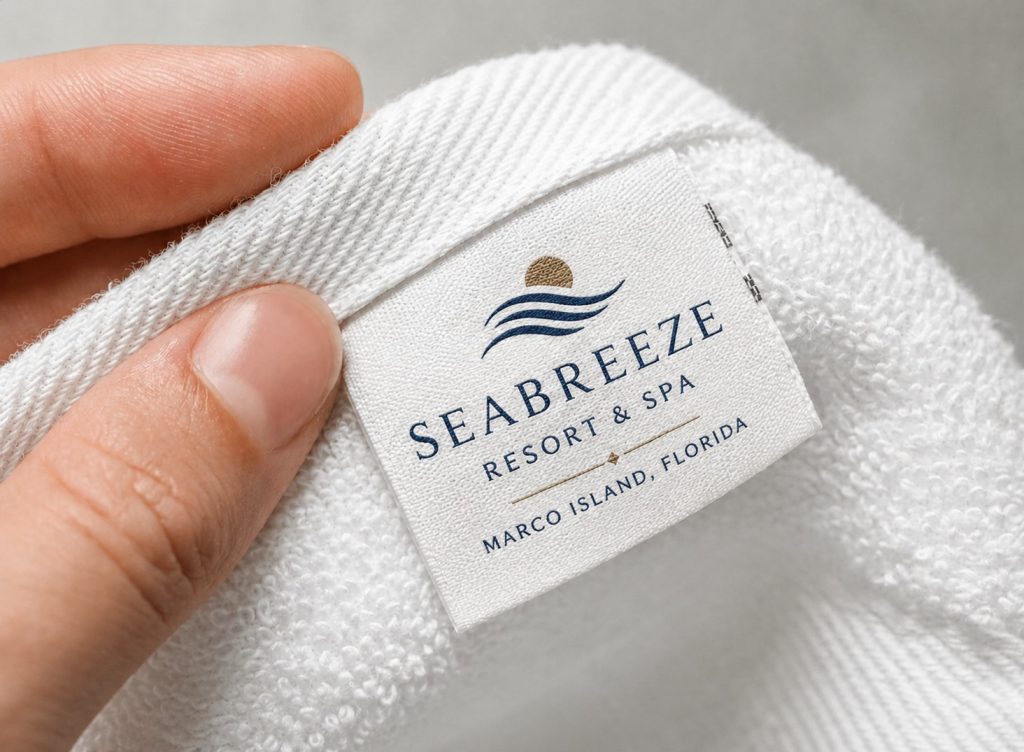 Woven MONNEVA label and embroidered logo detail on a custom towel border