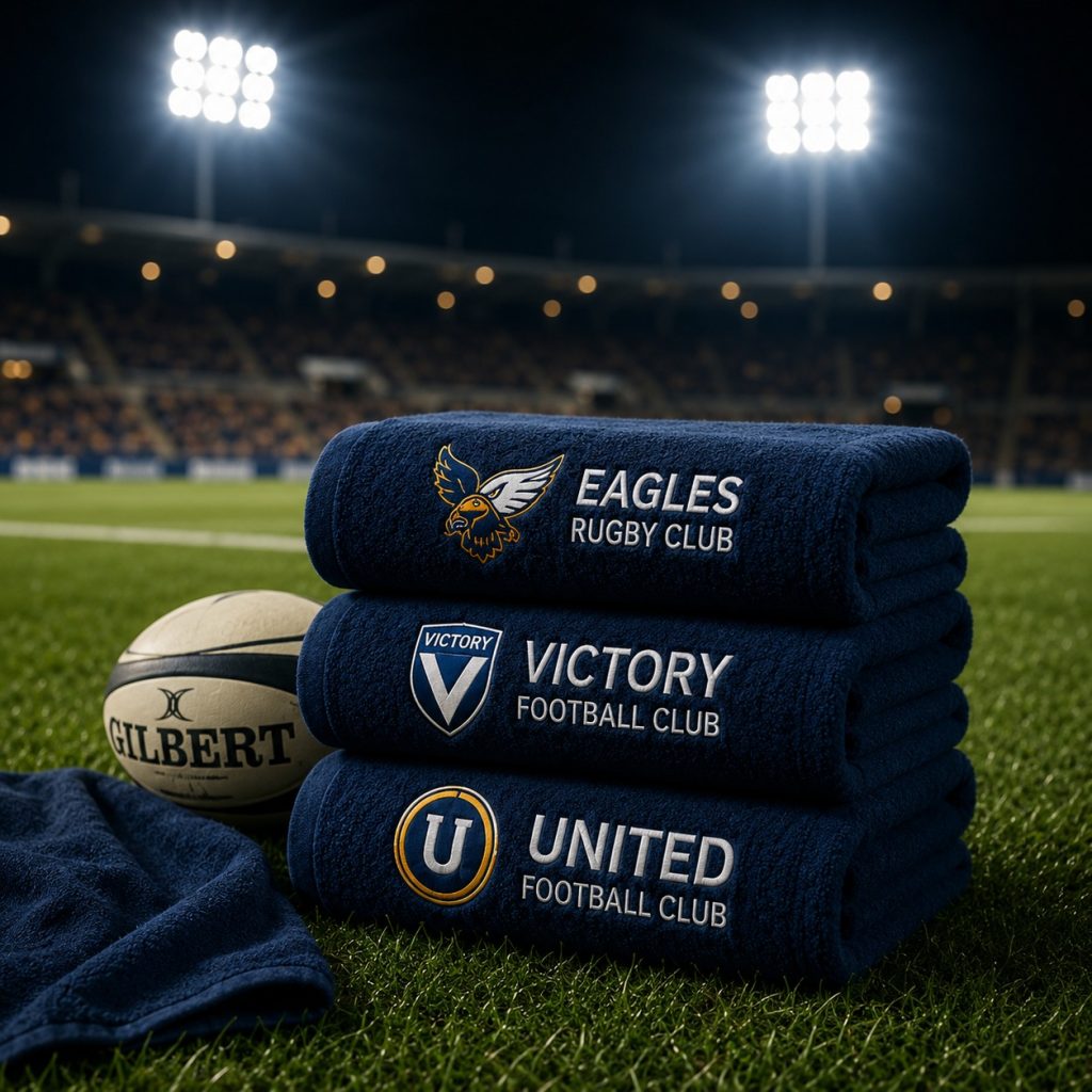 Branded sports towels and club textiles arranged for a fitness and member club program
