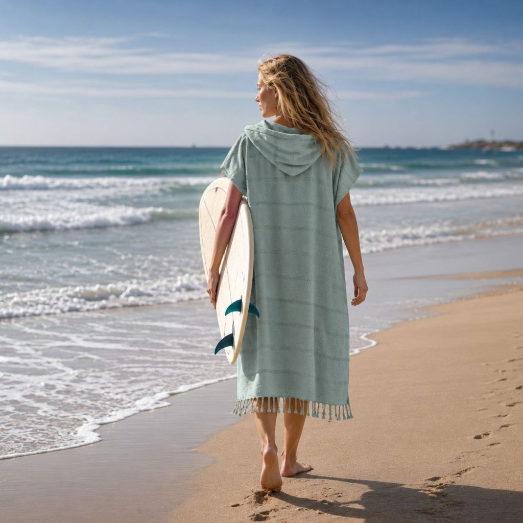 Beach towels and ponchos arranged at a coastal resort