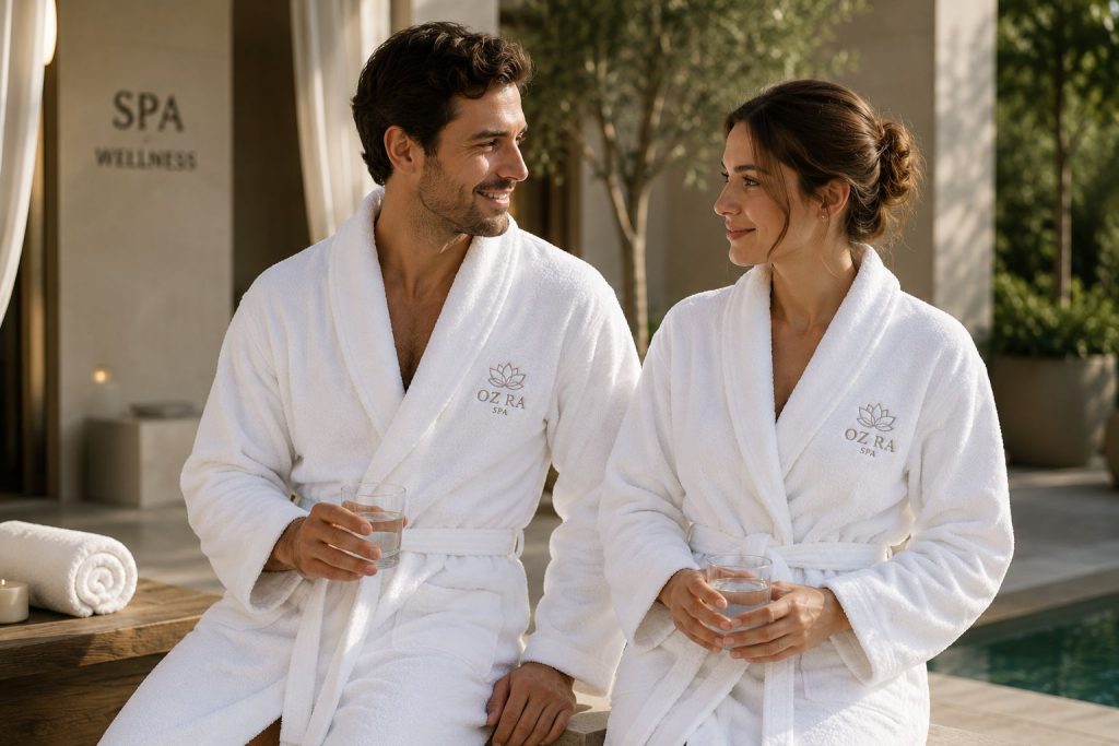 Hotel and spa bathrobes in terry and waffle hanging in a guest bathroom