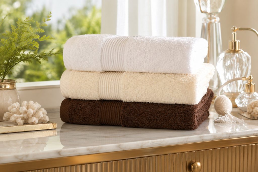 Folded hotel and bath towels in white and grey — made-to-order Turkish cotton