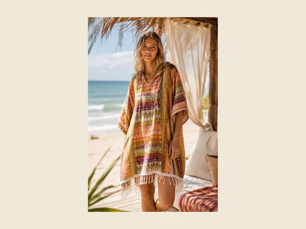 Adult beach poncho in a multicolour Anatolian print with fringed hem worn on the beach