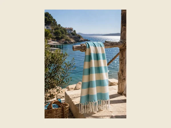 Beach hammam towel in turquoise and cream wide stripe by the sea — sand-resistant and quick-drying