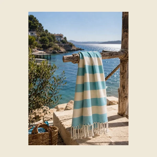 Beach hammam towel in turquoise and cream wide stripe by the sea — sand-resistant and quick-drying