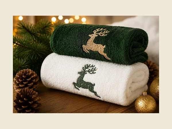 Christmas towels in green and cream with embroidered reindeer motifs beside pine cones