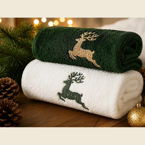 Christmas towels in green and cream with embroidered reindeer motifs beside pine cones