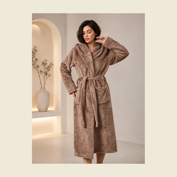 Plush coral fleece bathrobe in warm taupe — ultra-soft microfibre for hotels and resorts