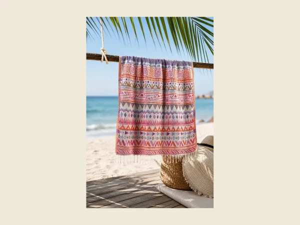 Custom embroidered peshtemal in a multicolour Anatolian pattern with hand-knotted tassels