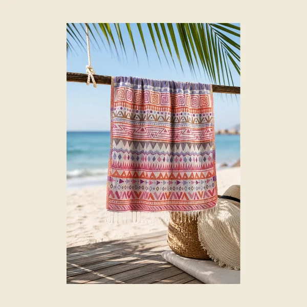 Custom embroidered peshtemal in a multicolour Anatolian pattern with hand-knotted tassels