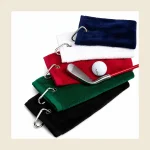 Stack of golf towels in navy red white green and black with metal carabiner hooks