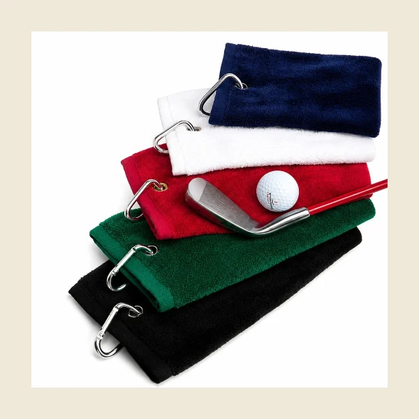 Stack of golf towels in navy red white green and black with metal carabiner hooks