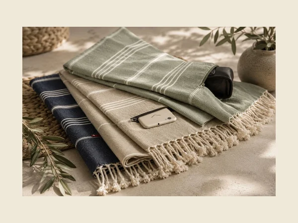 Hidden pocket peshtemals in sage and navy folded with a phone and sunglasses alongside — zippered pocket