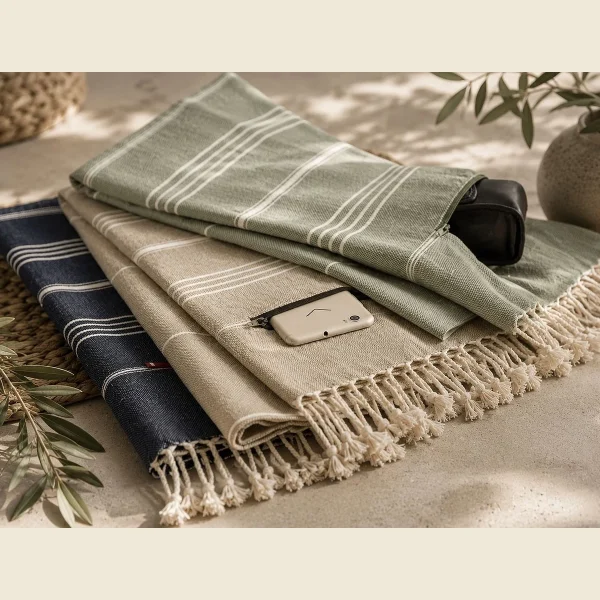 Hidden pocket peshtemals in sage and navy folded with a phone and sunglasses alongside — zippered pocket
