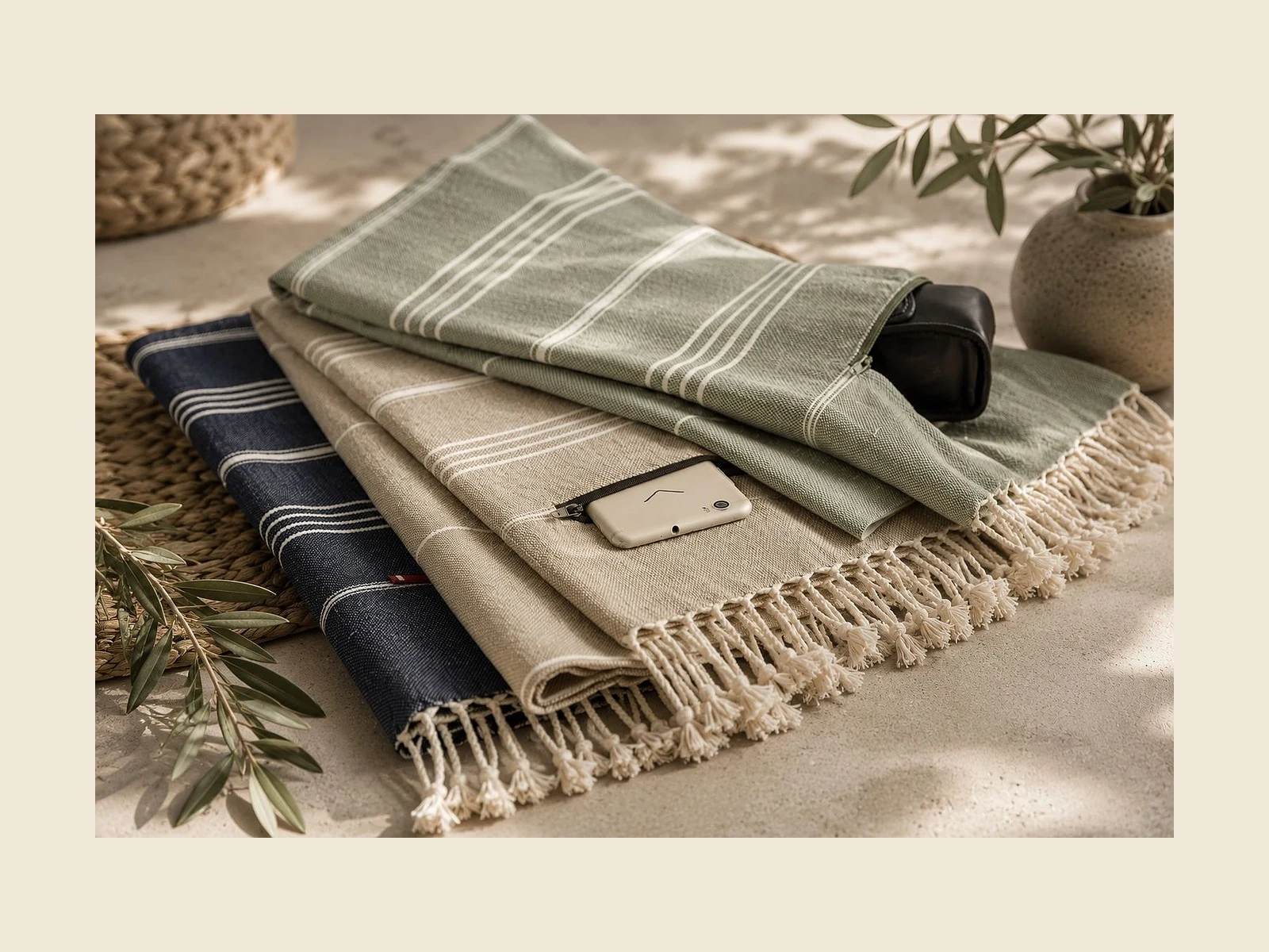 hidden-pocket-peshtemals Hidden pocket peshtemals in sage and navy folded with a phone and sunglasses alongside — zippered pocket