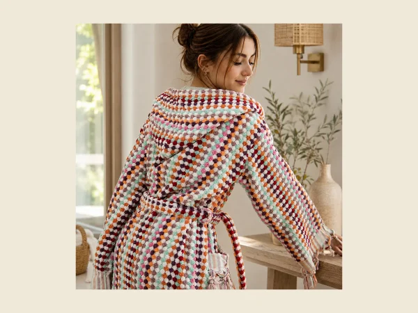 Hooded bathrobe with multicolour pompom weave and a raised hood — relaxed resort styling