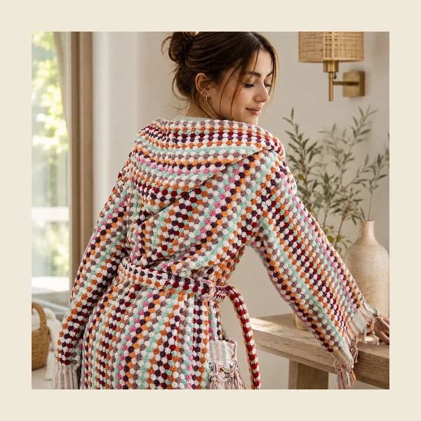 Hooded bathrobe with multicolour pompom weave and a raised hood — relaxed resort styling