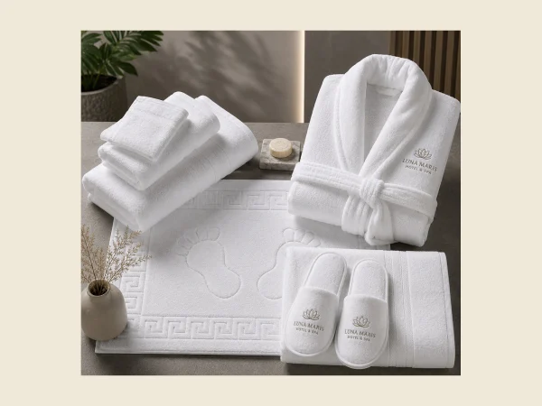 White hotel bathrobes with folded towels and slippers on a bath mat — full guest bath set