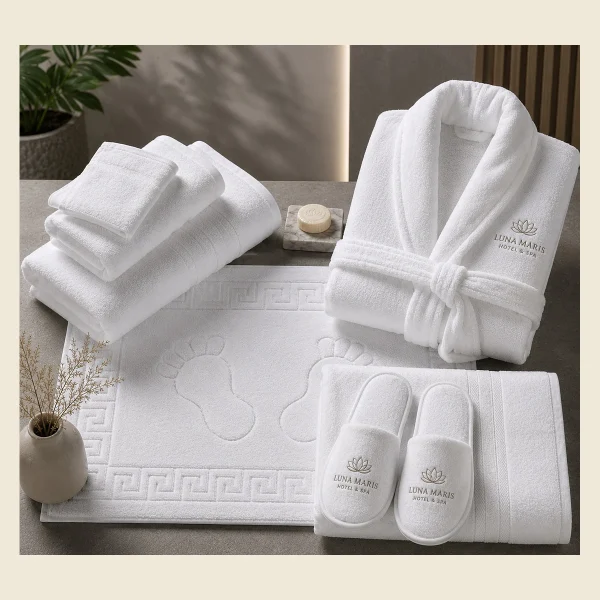 White hotel bathrobes with folded towels and slippers on a bath mat — full guest bath set