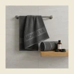 Jacquard terry towel with a MONNEVA motif woven into the looped pile hanging on a bathroom rail