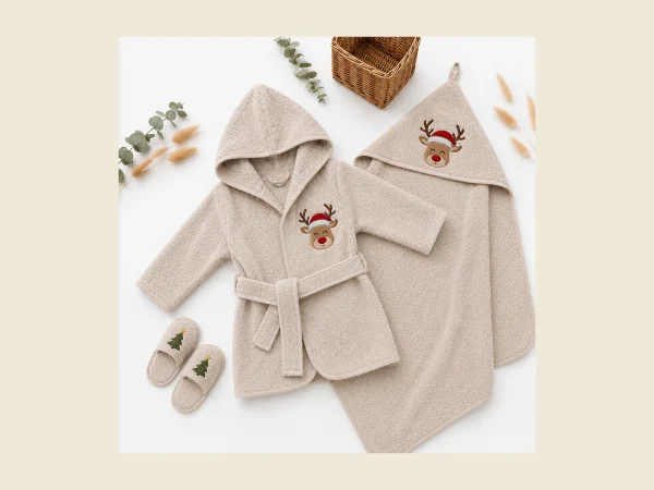 Kids bathrobes in beige with hoods