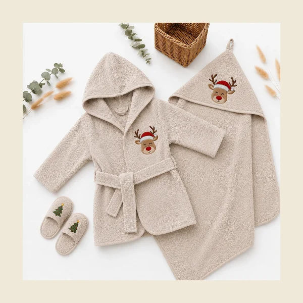 Kids bathrobes in beige with hoods