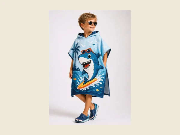 Child wearing a blue hooded kids beach poncho with a printed shark motif