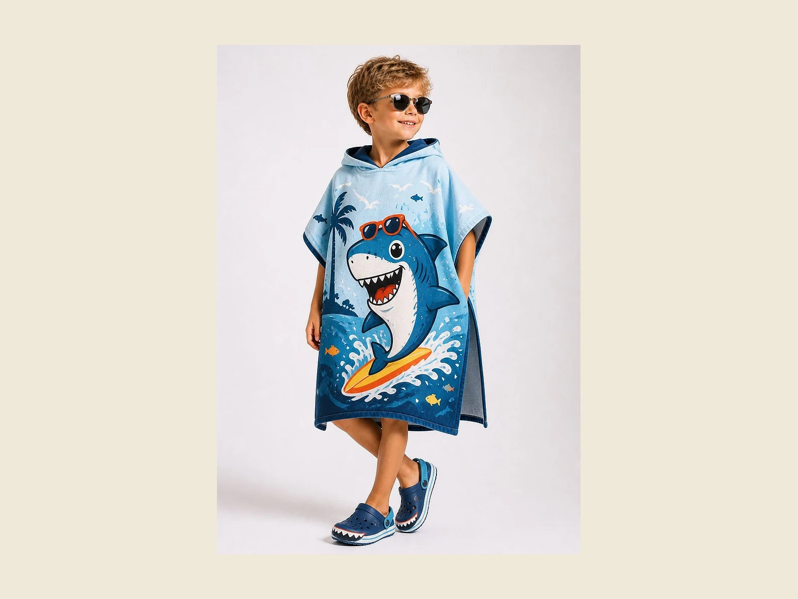 kids-ponchos Child wearing a blue hooded kids beach poncho with a printed shark motif