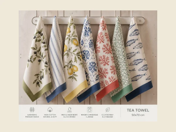 Row of printed kitchen towels hanging on a rail in botanical and marine designs