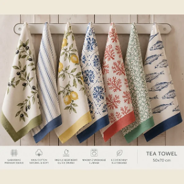 Row of printed kitchen towels hanging on a rail in botanical and marine designs