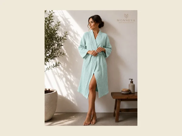 Muslin bathrobe in aqua mint with a crinkled double-gauze texture — soft and breathable cotton