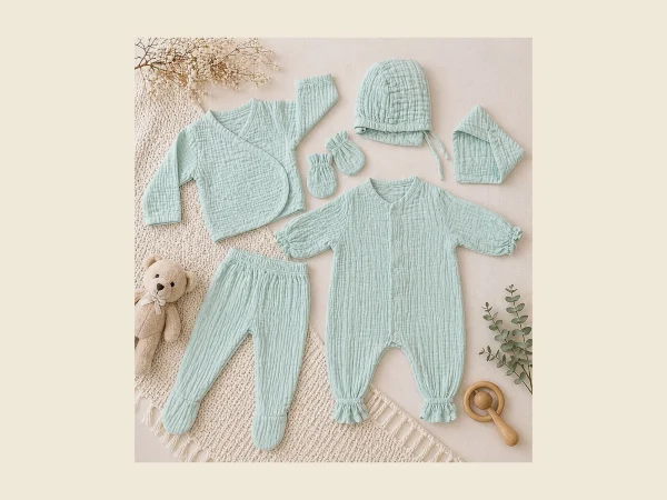 Newborn muslin set in mint laid out with wrap cardigan footed pants romper bonnet and mittens