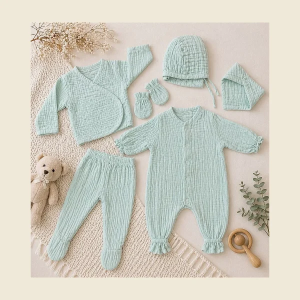 Newborn muslin set in mint laid out with wrap cardigan footed pants romper bonnet and mittens