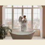 Shawl-collar bathrobe in white terry