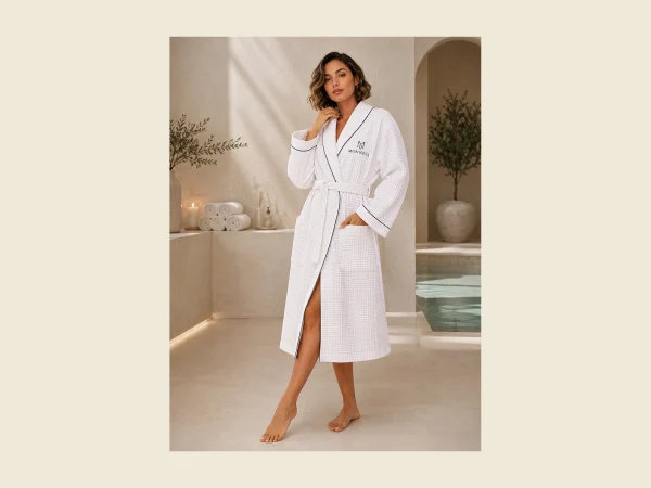 White hooded spa bathrobe with MONNEVA embroidery beside a wellness pool
