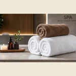 Rolled white and brown spa towels on a stone bench with candles and amenities