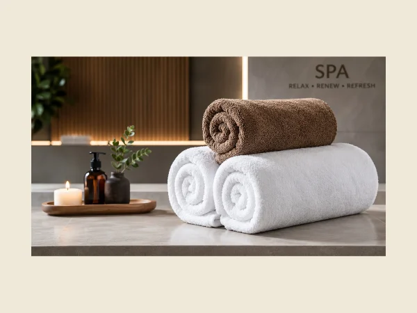 Rolled white and brown spa towels on a stone bench with candles and amenities