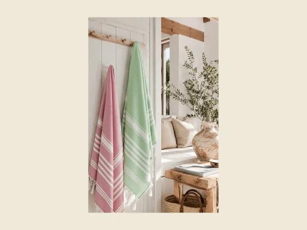 Terry-backed peshtemals in rose and green stripe hanging on a wall rail — flat-woven face with absorbent terry reverse