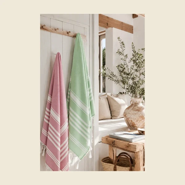 Terry-backed peshtemals in rose and green stripe hanging on a wall rail — flat-woven face with absorbent terry reverse