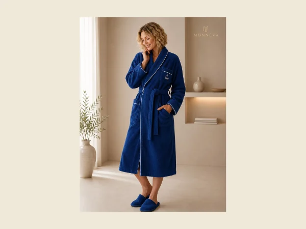 Navy terry bathrobe with piped shawl collar and MONNEVA embroidery — classic hotel weight