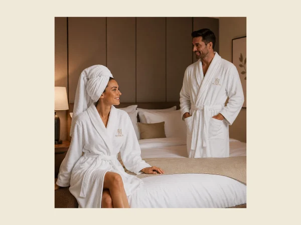 White velour bathrobes worn by two guests in a hotel room — velvet-touch finish with embroidered crest