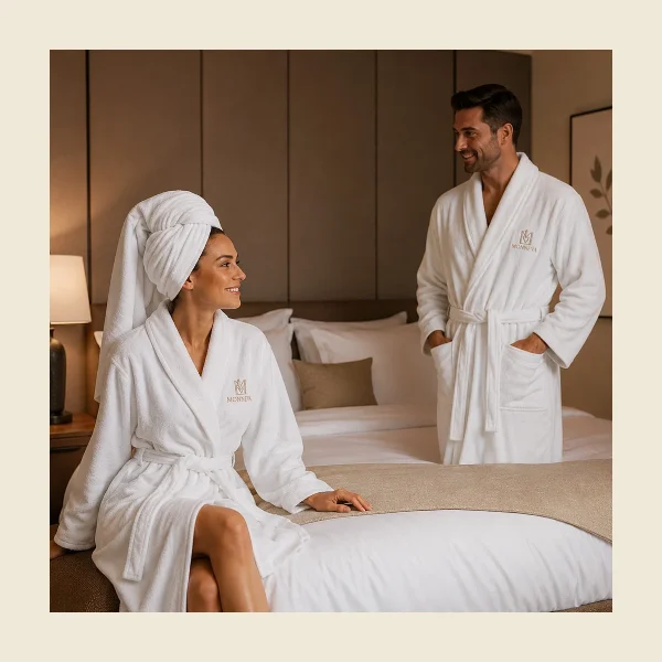 White velour bathrobes worn by two guests in a hotel room — velvet-touch finish with embroidered crest