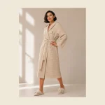 Waffle bathrobe in warm sand with a hood and matching slippers — lightweight and breathable
