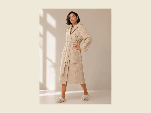 Waffle bathrobe in warm sand with a hood and matching slippers — lightweight and breathable