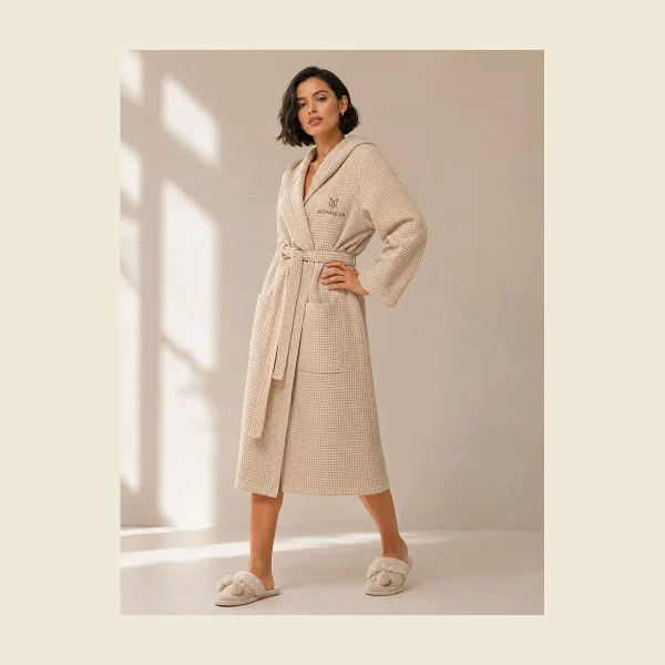 Waffle bathrobe in warm sand with a hood and matching slippers — lightweight and breathable