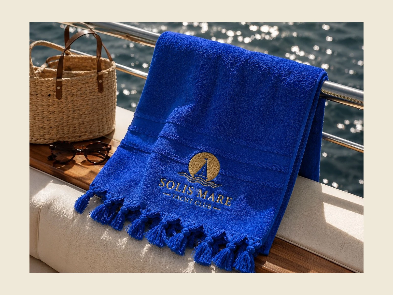 yacht-club-towels Blue yacht club towel with a gold embroidered emblem and knotted fringe on a boat deck
